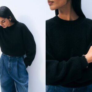 WHITE + WARREN 100% Cashmere Blouson Sleeve Crewneck Black Size Medium $445